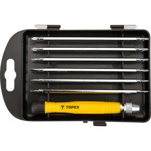 Topex Präzisionsschraubendreher-Set, 7-teilig, beinhaltet Schraubendrehergriff und 6 austauschbare Bits, Größen: 1,5 mm x T5, 2 mm x T6, 3 mm x T7, PH000 x T8, PH00 x T9, PH0 x T10, aus CrV-Stahl - Topex