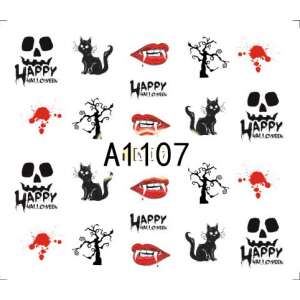 Halloween körm matricák fekete macskával, koponyával, vámpír fogakkal és Happy Halloween felirattal - Körömmatrica
