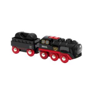 Brio 33884 Battery-Operated Steaming Train, black steam engine with red wheels and a water tank car - Brio