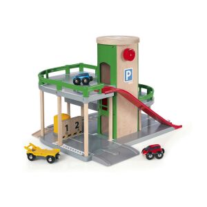 BRIO Drevený parkovací dom 33204 s autíčkami na bielom pozadí - Autá a vozidlá