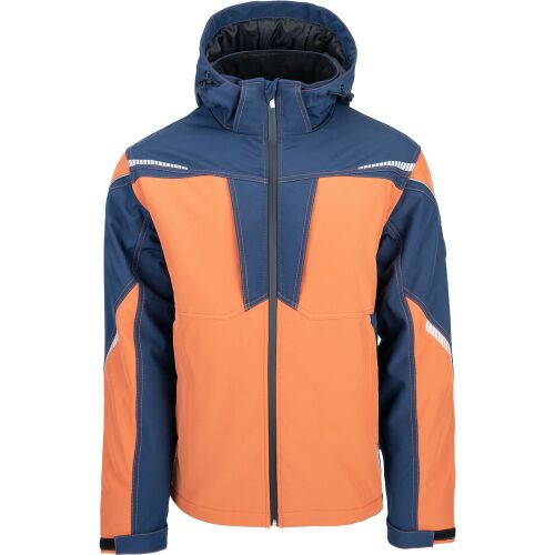 STIRLING STR SSH téli softshell kabát téglaszín XL, elölnézet levehető kapucnival, kéttónusú design sötétkék és narancssárga színekben, fényvisszaverő csíkokkal - Munkakabát