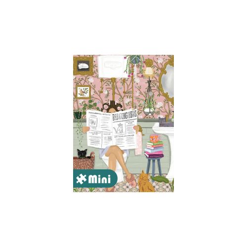 Közelkép a Pieces & Peace 96 db-os mini puzzle '5 Minutes' Peace' illusztrációjáról, amely egy hajgöndörítős nőt ábrázol, amint újságot olvas egy pasztell rózsaszín fürdőszobában macskákkal. - Puzzle