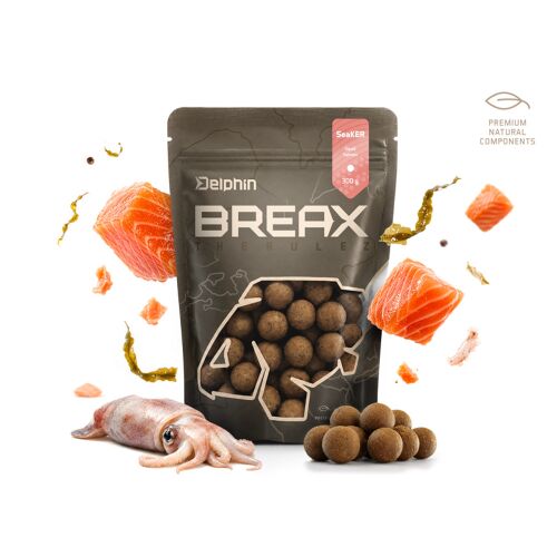 Delphin BreaX SeaKER tintahal és lazac ízesítésű bojli, 24 mm, 300g kiszerelésben, friss tintahal és lazac darabokkal, pontyhorgászathoz ideális. - Etető bojli