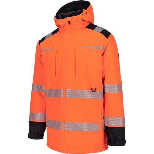 ORIBI HV 3 narancssárga Hi-Vis télikabát szegmentált fényvisszaverő csíkokkal, ferde elölnézet, szigetelt kapucni, két oldalsó és két cipzáras mellzseb, rugalmas ujjmandzsetta tépőzárral, és igazolványtartó - Láthatósági ruházat