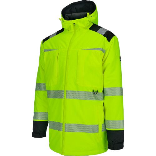 ORIBI HV 3 férfi sárga láthatósági téli parka, ferde nézet, fényvisszaverő elemekkel, két mellzsebbel, két oldalzsebbel és igazolványtartóval - Láthatósági ruházat