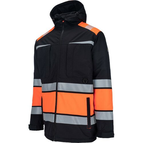 ORIBI HV 1 férfi téli láthatósági parka narancssárga és fekete színben, 4XL-es méretben, szögletes nézet szigetelt kapucnival és szegmentált fényvisszaverő csíkokkal, elengedhetetlen hideg időjárási biztonsági munkához - Munkavédelmi ruházat