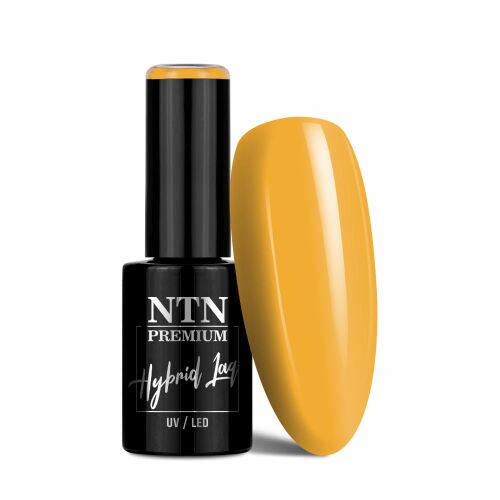 NTN Premium Multicolor Collection 5g No. 84 hibrid körömlakk sárga árnyalatban, körömhegyre felvitt mintával fehér háttér előtt. - Gél lakk