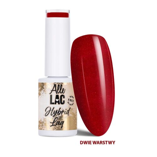 AlleLac HEMA/Di-HEMA Free gél lakk, 221-es Limited Edition, 5g, piros csillogó szín fehér háttéren, két réteggel felvitt mintakörömheggyel - Gél lakk