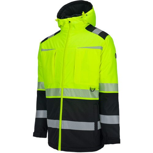 ORIBI HV 2 férfi, sárga-fekete jól láthatósági téli parka, szegmentált fényvisszaverő csíkokkal, 3/4-es szögből nézve, fehér háttérrel. Több zsebet és állítható kapucnit mutat. - Építkezés és felújítás