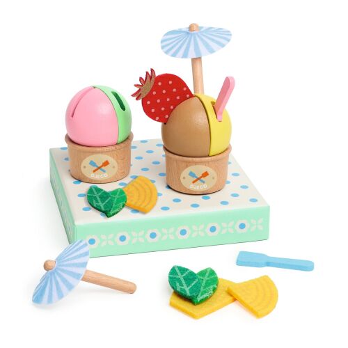 Szerepjáték mini szett - Fagyizás. Színes fa játék fagylaltkészlet két gombóccal, eperrel, napernyőkkel és szív alakú öntetekkel díszített alapon. - Játék élelmiszer