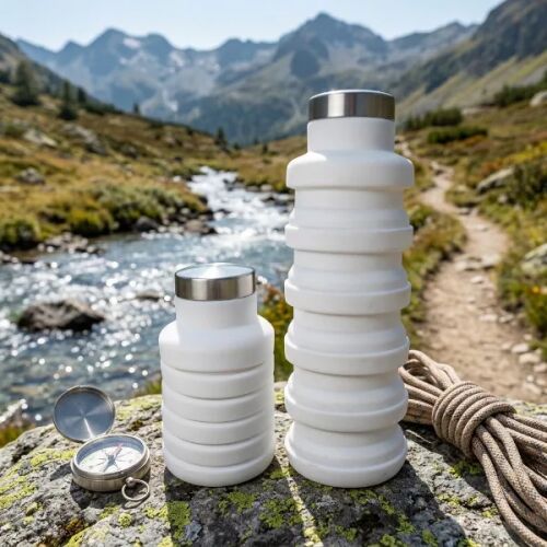 DevaCurl Összecsukható Szilikon Kulacs 200 ml (összecsukva) és 500 ml (kinyitva) méretben, szabadtéren, sziklán, hegyi és folyami háttérrel, ideális utazáshoz és túrázáshoz. - Kulacs