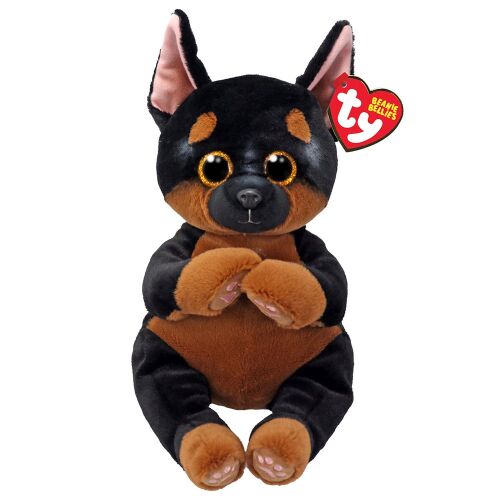 Ty Beanie Bellies plüss kutya játék Fritz néven, fekete és barna rottweiler vagy dobermann kölyök nagy csillogó szemekkel és Ty címkével - Plüssjáték