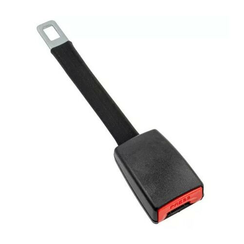 MaxSpeed 25cm fekete biztonsági öv hosszabbító piros 'PRESS' gombbal, ferde nézet fehér háttérrel - Jármű biztonsági övcsat