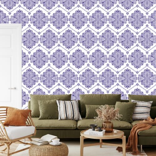 Vintage stílusú kék damaszk tapéta modern nappaliban, olajzöld kanapéval - Barkács és DIY