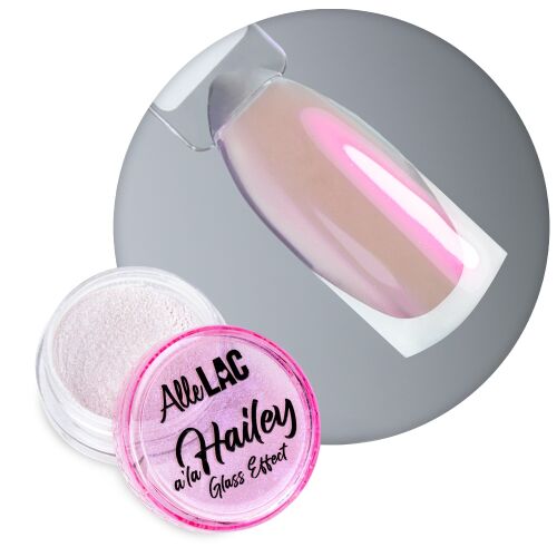 AlleLac A la Hailey Glass Effect körömpor tégelyben, irizáló rózsaszín mintával körömtippen szürke háttér előtt, bemutatva a terméket és üvegszerű felületét. - Körömdíszítő pigmentpor