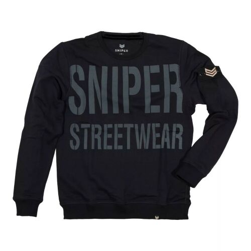 Sniper All Over Crew Neck sötétkék férfi pulóver nagyméretű 'SNIPER STREETWEAR' logóval a mellkason és válljelvénnyel, elölnézet - Divat és öltözködés