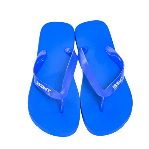 Egy pár J.Press kék flip flop papucs, felülnézeti szögben, mindkét szandált mutatva 