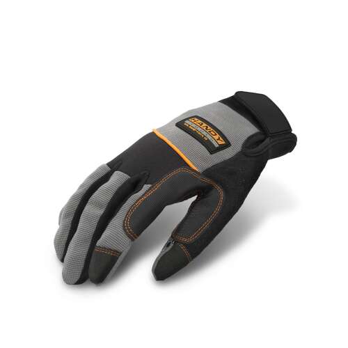 Handy Hardware Gloves with Silicone Grip, XL size, black and grey work gloves with orange accents, angled view