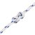 Fehér és kék többcélú kötél egyszerű csomóval, kiemelve rugalmasságát és csomózhatóságát