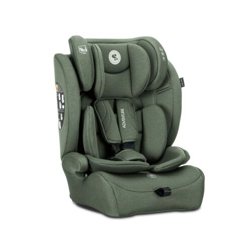 Lorelli Adventure i-Size autósülés 76-150cm zöld színben, döntött nézet, teljes kárpitozással és 5 pontos biztonsági övvel fehér háttéren - Lorelli