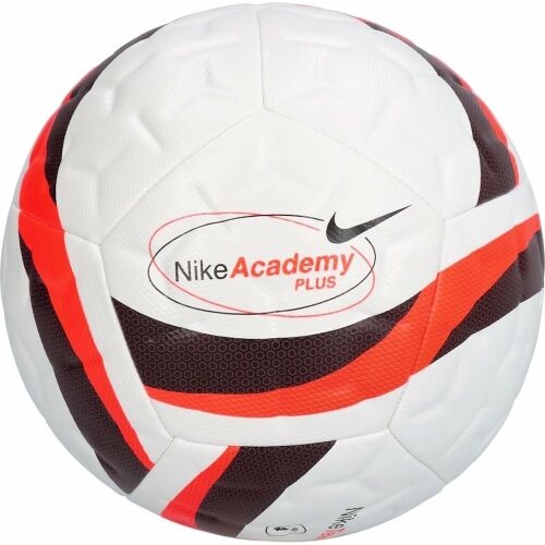 Nike Academy 24 Plus focilabda 5-ös méret, szintetikus anyag, fehér, piros és fekete csíkokkal, a termék márkajelzésének részletes nézete - Focilabda