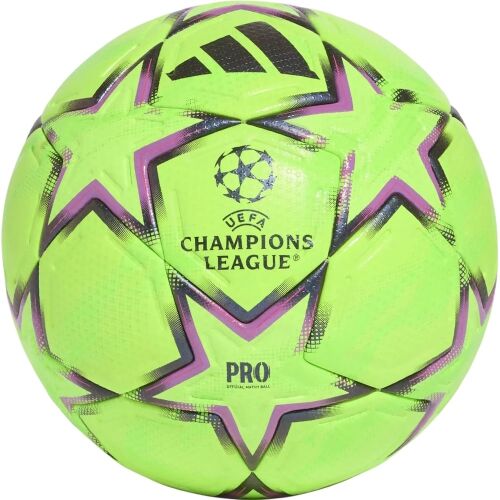 Adidas UCL Pro Winter 26/27 Stage hivatalos meccslabda, 5-ös méretű, neonzöld színben, lila csillagmintával és UEFA Bajnokok Ligája logóval, fehér háttér előtt. - Focilabda