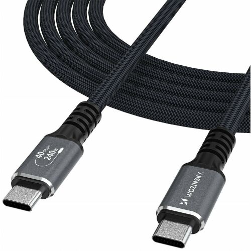 Wozinsky USB-C - USB-C kábel, 2 méter hosszú, fekete fonott, 40Gbps adatátviteli sebességgel és 240W teljesítménytámogatással, mindkét USB-C csatlakozóval fehér háttéren. - USB kábel