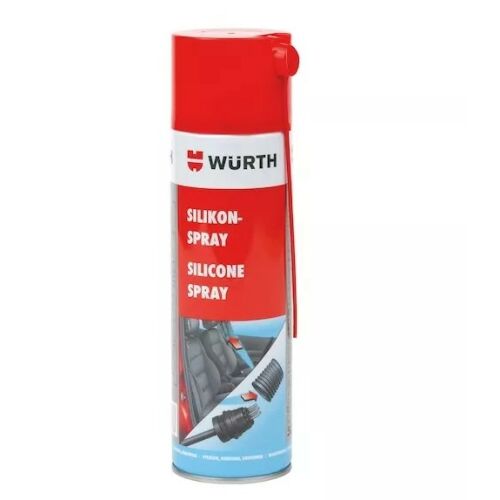 Wurth Szilikon Spray aeroszolos flakon autóápoláshoz, gumi és műanyag alkatrészek kenésére és védelmére, használati példákkal egy autó biztonsági övén és gumitömítésén - Jármű és alkatrész