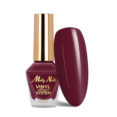 MollyNails Berry Rose Color Lacquer Vinyl Effect System 10ml üveg a hozzá illő színmintával, gazdag bordó körömlakkot mutatva - Körömlakk