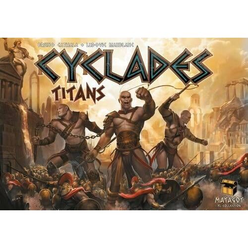 Cyclades Titánok társasjáték kiegészítő borítója erős ókori görög harcosokat és mitológiai lényeket ábrázol csatajelenetben, jól láthatóan a játék címével. - Matagot