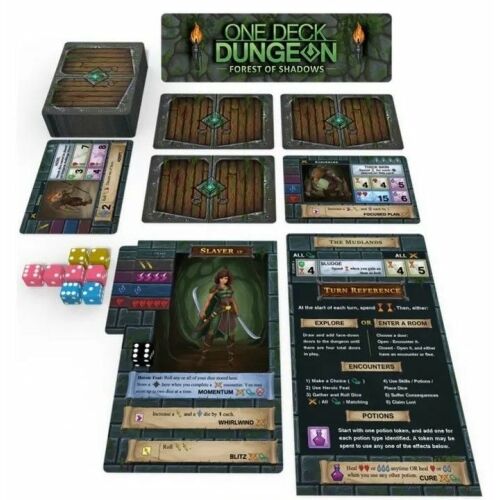 One Deck Dungeon: Forest of Shadows kártyajáték komponensek, kártyák, kockák és játékostáblák 