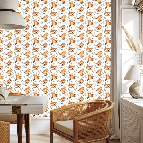 Bagoly tapta fehr, krmszn s vilgosszrke bagoly mintval gakon, falra felhelyezve egy vilgos tkezben vagy konyhban, fonott btorokkal, 50x1000 cm. - Barkács és DIY
