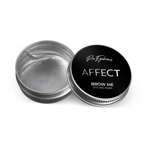 Affect Brow Me Styling Szappan 30ml, átlátszó szemöldök formázó szappan nyitott fém dobozban, fehér háttér - Szemöldökceruza
