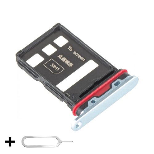 Kék SIM-tálca Honor Magic7 Pro-hoz SIM-kulccsal együtt, ferde nézet fehér háttéren, SIM1 foglalattal és piros tömítéssel - Telefon alkatrész