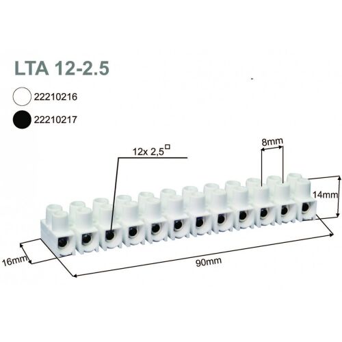 LTA 12-2.5 12 pólusú menetes sorkapocs, fehér hőre lágyuló műanyag, 2,5 mm2 vezetékhez, méretekkel, elektromos csatlakozó áramköri bekötéshez - Elektronikai csatlakozó és alkatrész