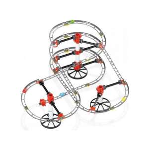 Quercetti Roller Coaster Gleisset, zusammengebaut, zeigt die verschiedenen Gleisstücke und die Kugel - Quercetti Ballspielplatz