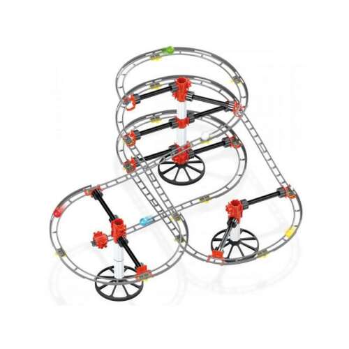 Quercetti Roller Coaster Gleisset, zusammengebaut, zeigt die verschiedenen Gleisstücke und die Kugel
