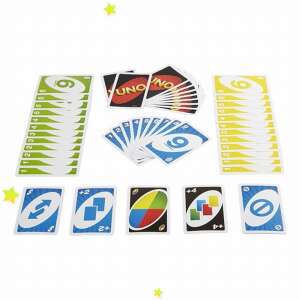 UNO card game cards spread out on a white background - Mattel
