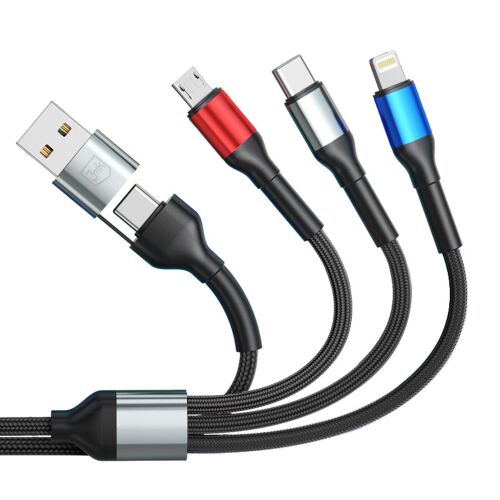Döntött nézet a 3mk Hyper Cable N-SERIES 6 az 1-ben univerzális töltőkábelről, az összes USB-A, USB-C, Lightning és Micro USB csatlakozóval együtt - Töltő, töltőkábel és egyéb kábel