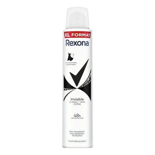 Rexona Invisible Black+White izzadásgátló dezodor spray, XL formátum, 200ml, 48 órás védelemmel az izzadás és a fekete ruhákon lévő fehér foltok, valamint a fehér ruhákon lévő sárga foltok ellen, fehér háttéren - Dezodor