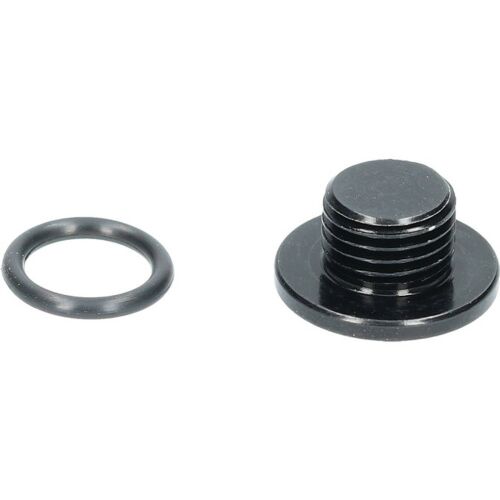 FÉKVÁLTÓKARHOZ ST-R9120 BLEED SCREW & O-RING hidraulikus kerékpár fékváltókarhoz, fekete légtelenítő csavar menettel és fekete gumigyűrűvel, fehér háttérrel. - Egyéb kerékpár alkatrész