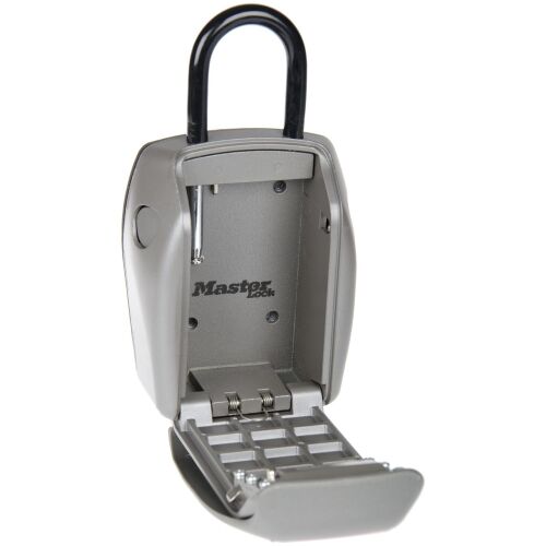 Master Lock 5414 Select Access hordozható kulcsszéf, szürke és fekete színben, nyitott nézetben, belső rekesszel és számzárral a biztonságos kulcstároláshoz és hozzáféréshez. - Biztonsági széf