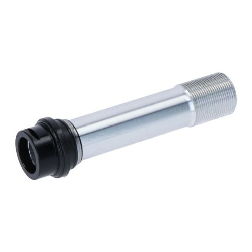SHIMANO HB-M7010 Agytengely Egység, ezüstszínű fém kerékpár agytengely fekete végzáróval, fehér háttéren, ferde nézetben - Egyéb kerékpár alkatrész
