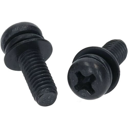 Két fekete SHIMANO SC-E6100 M4 x 11MM rögzítő csavar alátétekkel, fehér háttérrel, ferde nézetben - Építőanyag