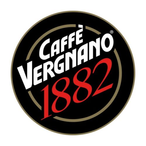 CAFFÉ VERGNANO 1882 logó fekete-arany kör alakú emblémán, az egyadagos édesítőszer márkáját jelképezve - Édesítőszer