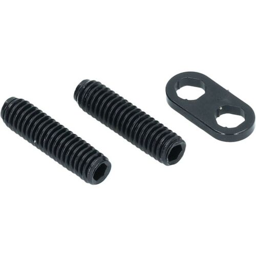 HÁTSÓVÁLTÓHOZ RD-R9250 STROKE ADJUSTING SCREWS & PLATE, két fekete imbuszfejű csavar és egy fekete fémlemez két hatszögletű nyílással, kerékpár váltóállító alkatrészek fehér háttéren - Építőanyag
