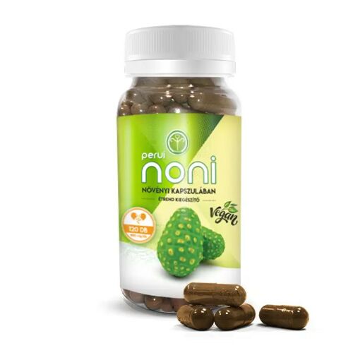 Tenmag Perui Noni 120 vegán kapszula immunerősítésre és hangulatjavításra, noni gyümölcs illusztrációval 