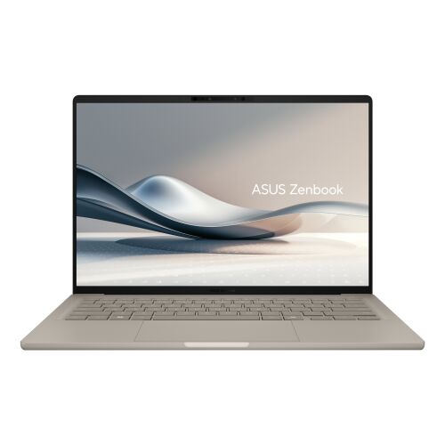 ASUS Zenbook A14 UX3407QA-QD219W Copilot+ PC, egy vékony bézs laptop tiszta kijelzővel, amely az ASUS Zenbook logót mutatja, ferde nézetben - Gaming