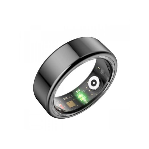 CARNEO SMART RING NO.1 S12 BLACK, elegáns fekete okosgyűrű aktivitásmérő, látható belső zöld érzékelőkkel, ferde nézetben fehér háttéren, egészség- és fitneszfigyeléshez - Aktivitásmérő