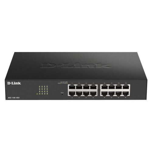 D-Link 16 portos 10/100/1000 Smart Switch, elölnézet hálózati portokkal és jelzőfényekkel sötét háttéren - Hálózati switch